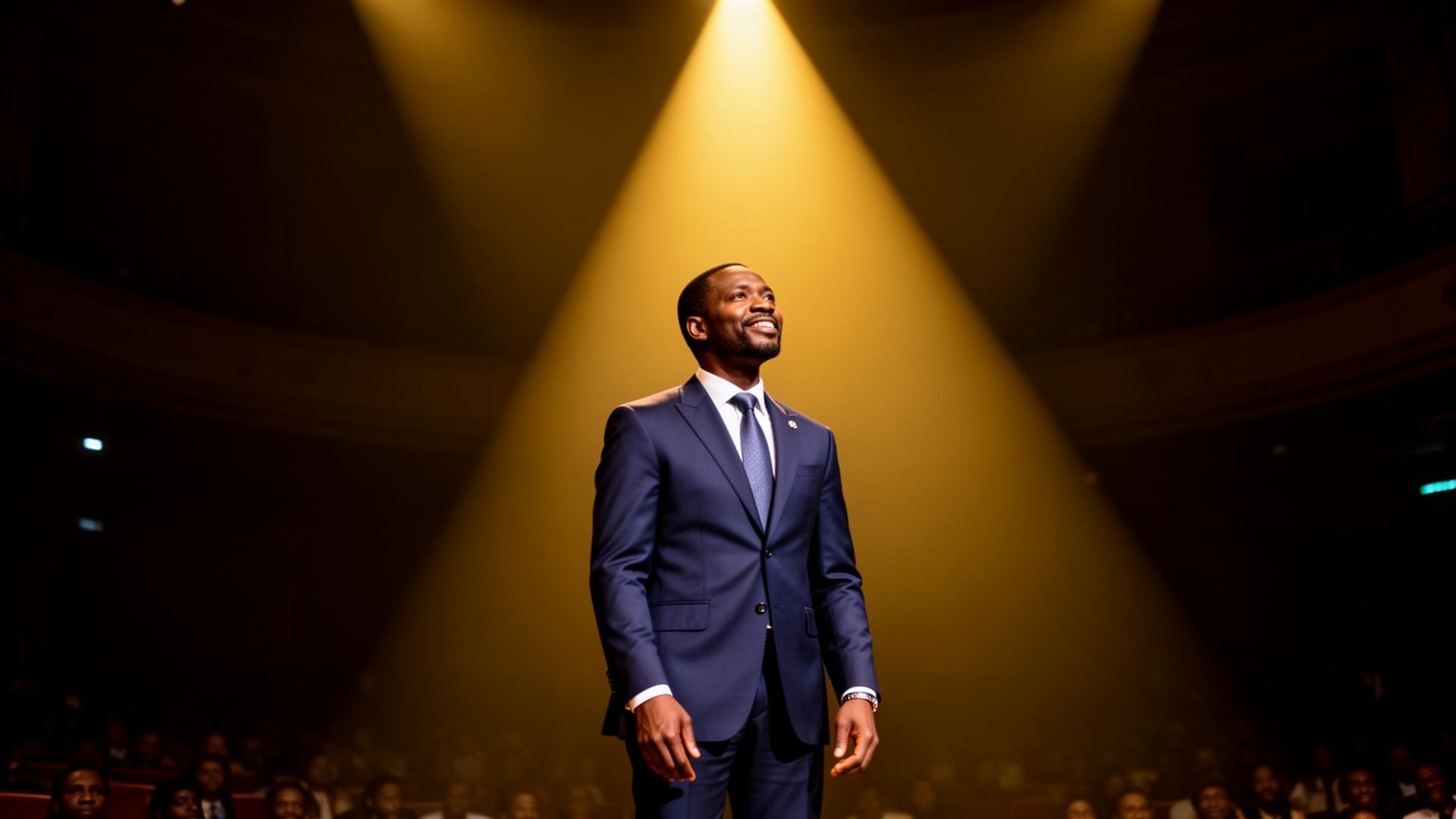 A Zambian professional speaker on a grand stage under a gold spotlight